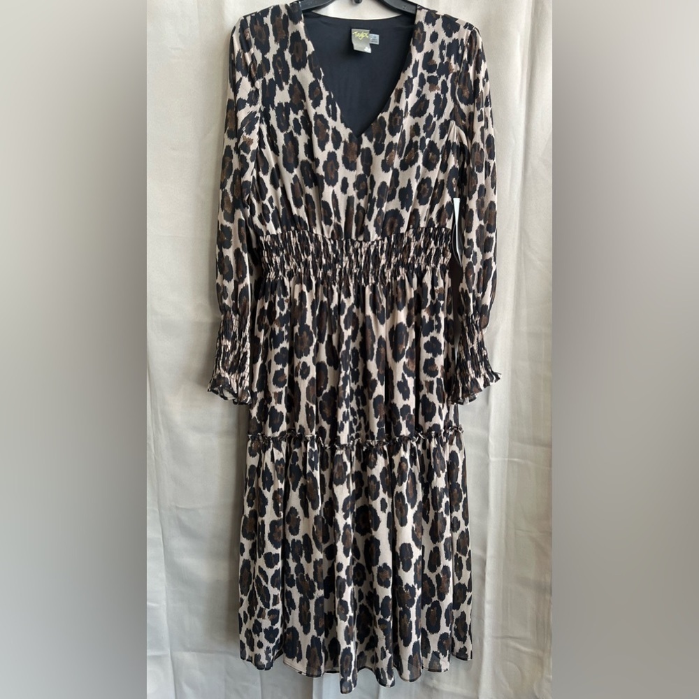 Taylor Petite Animal Print Smocked Chiffon Midi Dress NWT
